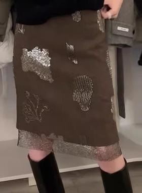 欧货重工亮片拼接假两件包臀裙冬季流行新款遮胯轻奢a字裙半身裙
