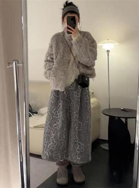 通勤风高腰刺绣花朵毛呢阔腿裤女2025冬季灰色松紧腰休闲裤八分裤