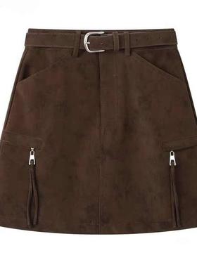 工装风麂皮绒A字半身裙秋冬时尚高腰显瘦拉链短裙美拉德风包臀裙