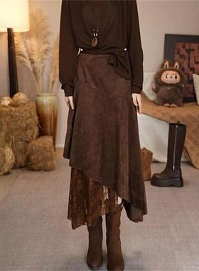 复古风咖色不规则蕾丝拼接A字半身裙女秋冬时尚高腰轻奢小众长裙