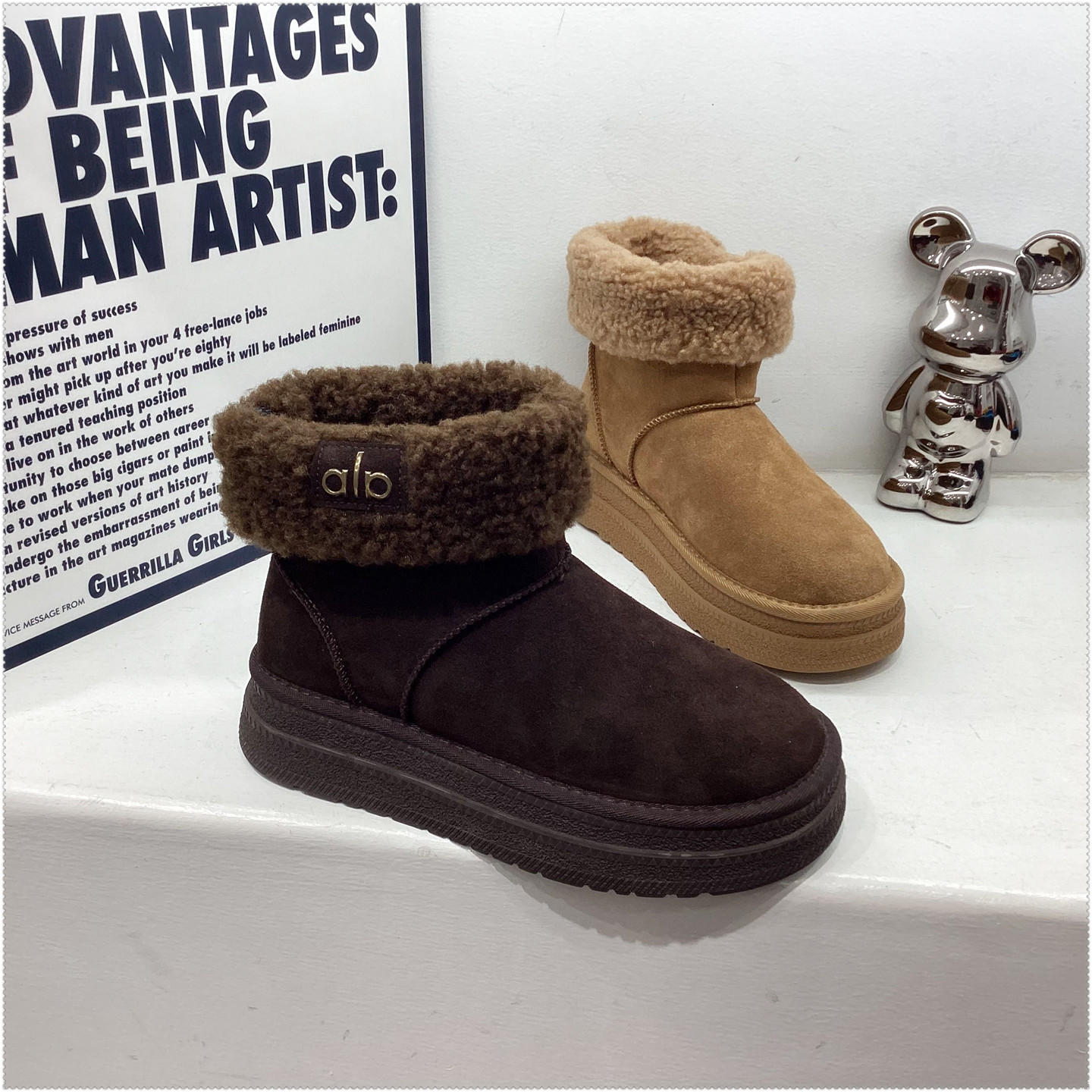 2025冬加绒雪地靴毛毛鞋增高厚底松糕底勃肯鞋短靴马丁靴她致百搭