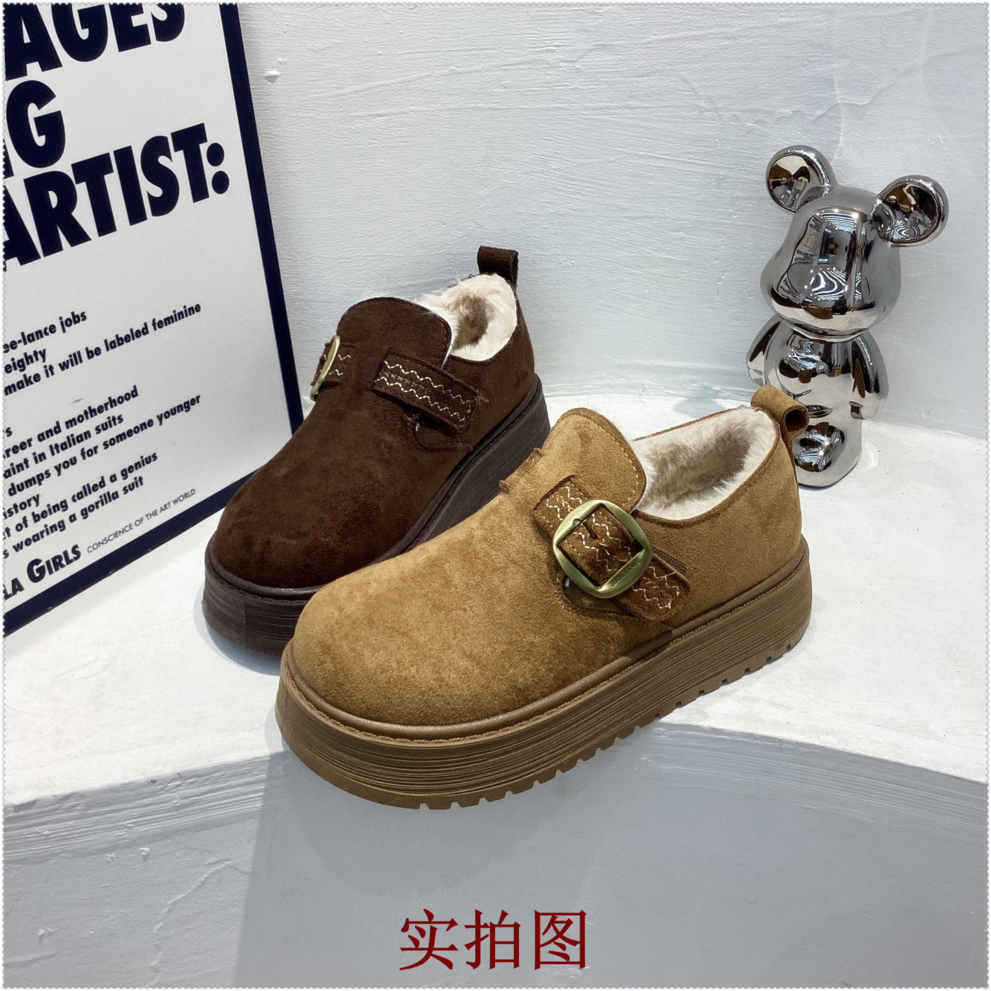 2025冬加绒保暖厚底勃肯鞋女鞋复古休闲鞋百搭魔术贴霏谜小个子