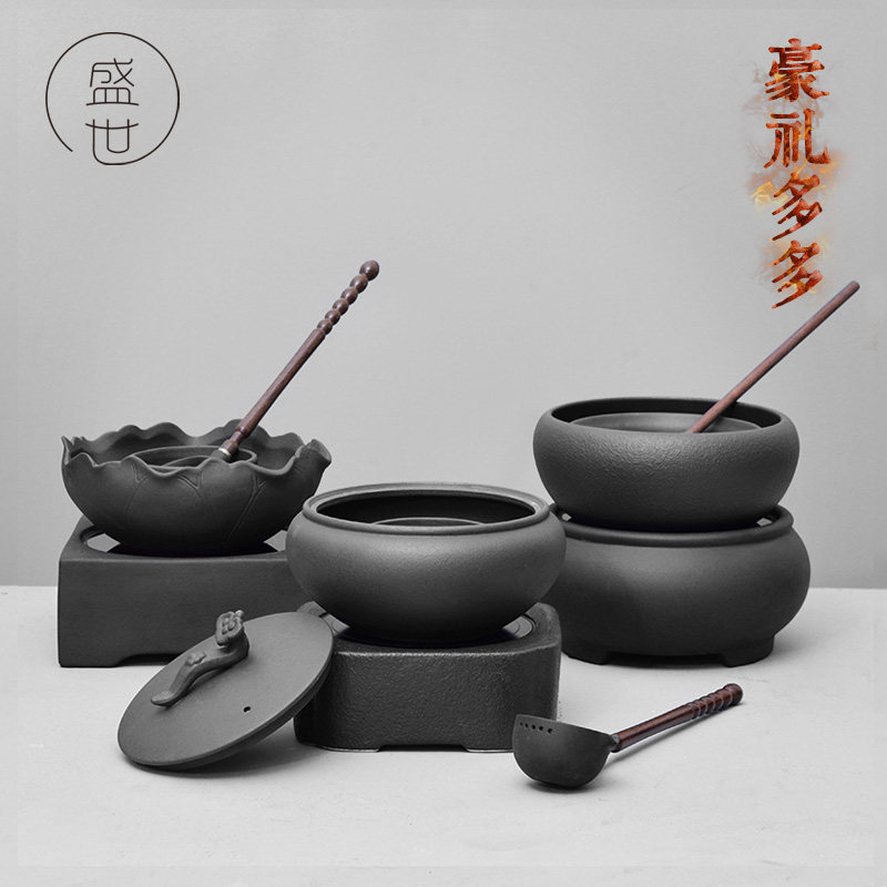 粗陶养生台湾火山石带盖煮茶器