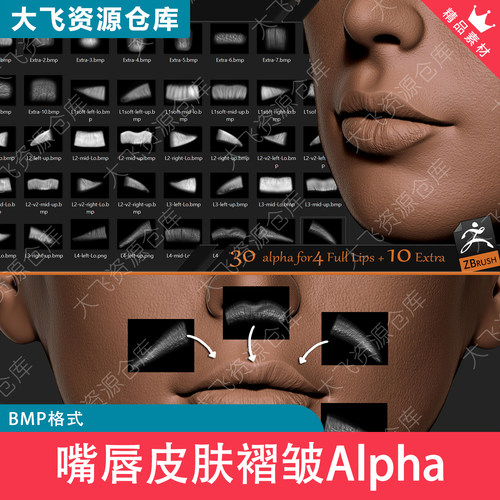 40款ZBrush嘴唇皮肤褶皱唇纹肌理Alpha贴图纹理