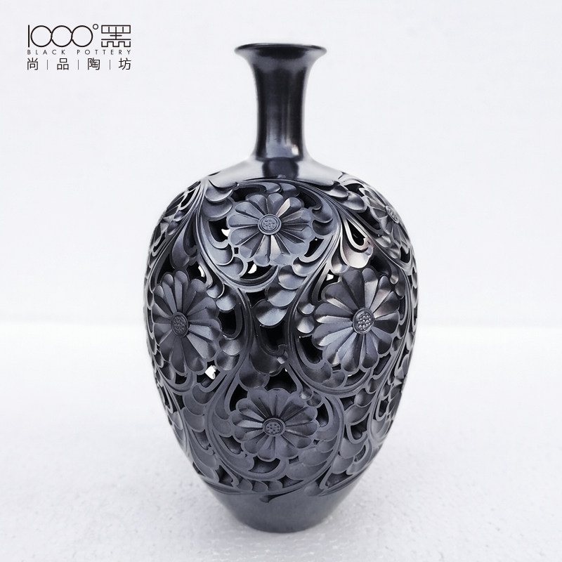 中式复古黑陶长颈小细口插花干花镂空花瓶花器客厅家居饰品摆件