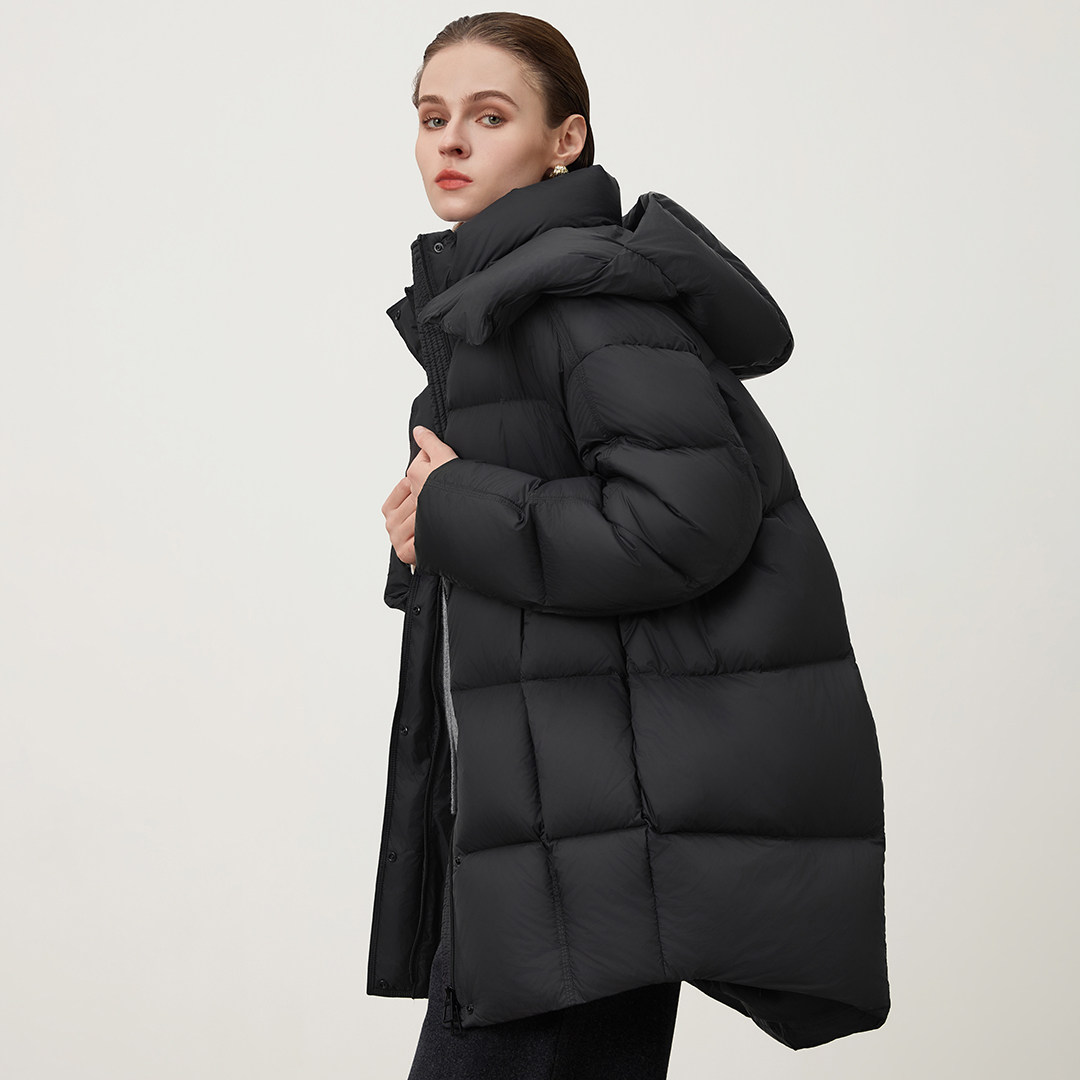 十里TENMILES黑色连帽中长款茧型羽绒服女加厚宽松泡芙云朵面包服