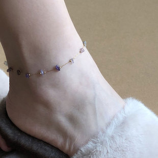 不撞款 夏日森系紫水晶不规则金珠脚链小清新简约设计钛钢镀18K金
