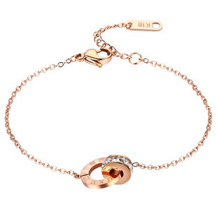 韩版罗马数字镂空双环圆环水钻钛钢镀18k玫瑰金欧美个性手链女款