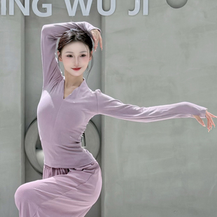 舞蹈上衣长袖秋冬形体服古典舞加厚练功服黑色现代舞v领日常可穿