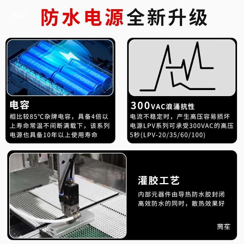明伟IP68防水开关电源220转12V24V直流户外灌胶变压器1/2/3/400W