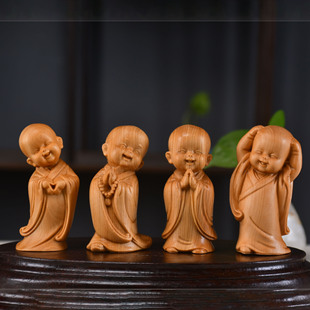 禅意复古小沙弥实木雕刻随身手把件小和尚家居桌面装饰工艺品摆件