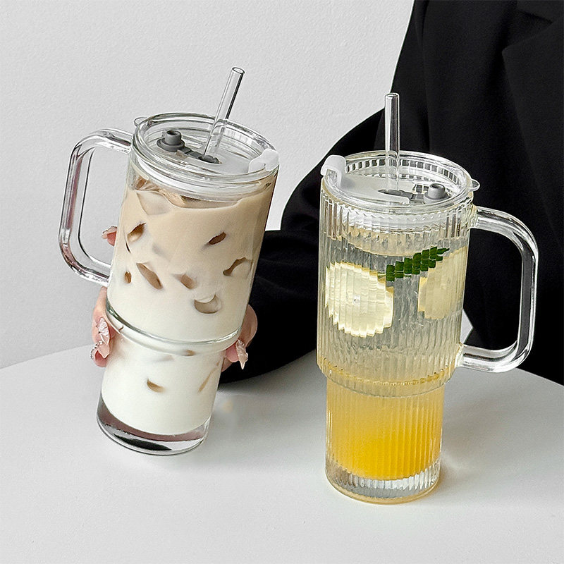 巨无霸ins风竖条纹玻璃杯带把手吸管杯大容量女生高颜值带盖水杯