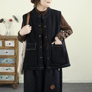 千秋飞燕文艺百搭夹棉牛仔背心24冬圆领纯色明线装饰宽松显瘦马甲