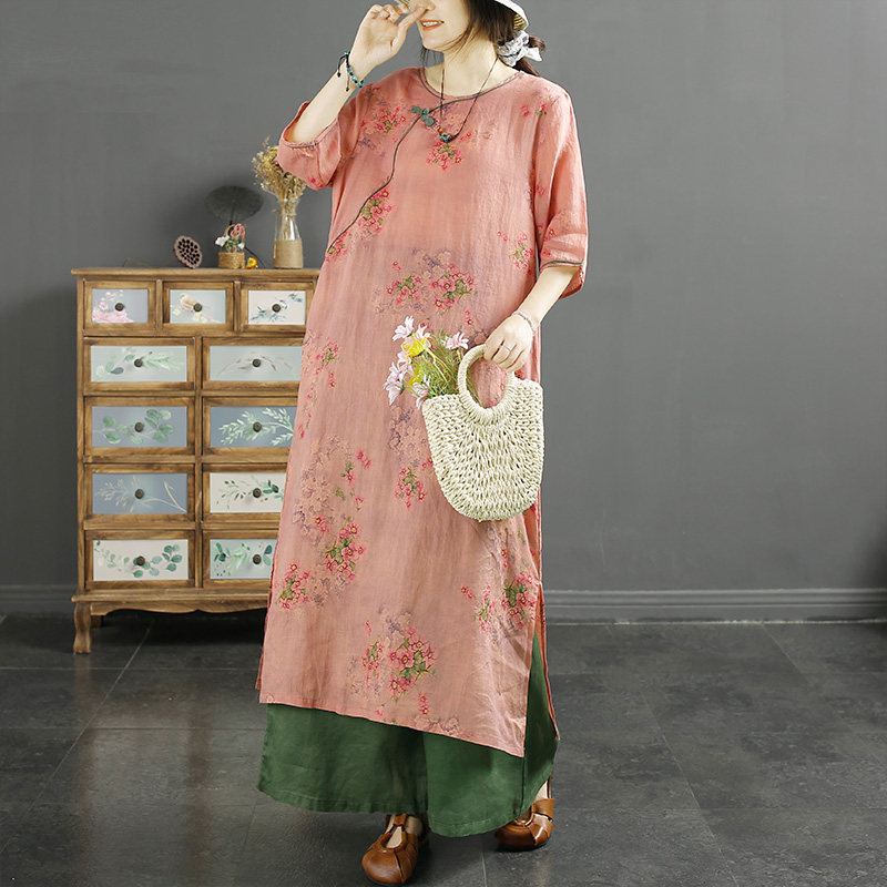 千秋飞燕国风盘扣苎麻印花旗袍连衣裙女夏季新款中式斜襟改良长裙