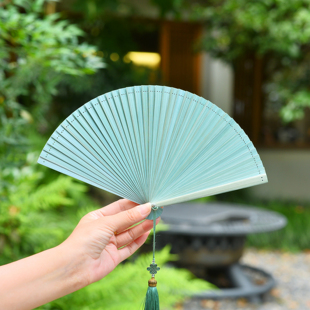 中国风古风折扇女式汉服旗袍舞蹈扇绿色竹制折叠扇小巧随身