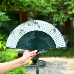 中国风古典折扇竹叶图案便携折叠扇汉服旗袍舞蹈扇绿色流苏