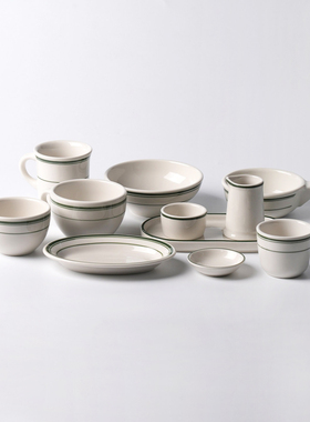 美国TUXTON绿线耐高温简约陶瓷西餐碗盘杯碟子米白色绿边甜品餐具