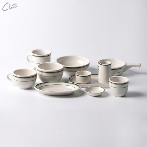 美国TUXTON绿线耐高温简约陶瓷西餐碗盘杯碟子米白色绿边甜品餐具