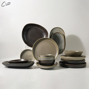 日式复古陶瓷山野风火锅烤肉盘子碗餐具套装窑变西餐碗创意简约碗