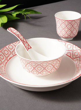 复古红格纹高边盘商用陶瓷沙拉盘大菜碗中式碗盘餐具冷菜深盘汤盘