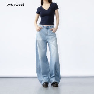 twosweet悠然随性水洗浅蓝香蕉牛仔裤 女休闲宽松帅气垂感弯刀长裤