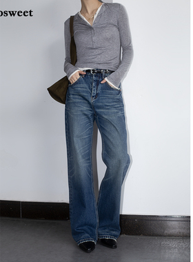 twosweet限量发售/奢pai同源洗水复古猫爪纹中高腰直筒牛仔裤女
