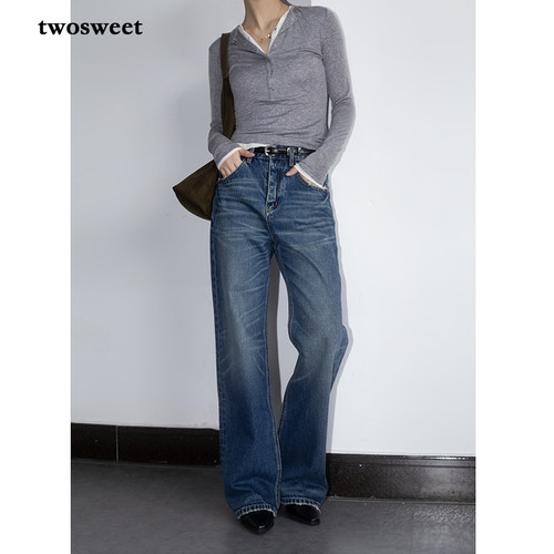 奢牌同源洗水复古高腰直筒牛仔裤