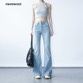 夏季 弹力莱卡微喇长裤 薄款 浅蓝修身 中腰喇叭裤 twosweet连赞系列