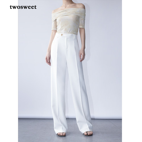 白色防透胫骨感高腰直筒休闲西裤