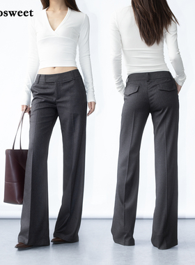 twosweet 律政俏佳人/时髦智性中低腰直筒烟管微喇西裤TR条纹长裤