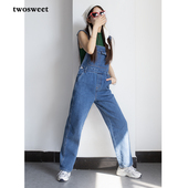 宽松直筒深蓝百搭连体裤 twosweet 美式 复古背带牛仔裤 减龄UP 春季