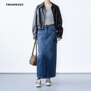 twosweet复古美式 牛仔裙女梨形显瘦高腰休闲直筒长裙 洗水深蓝工装