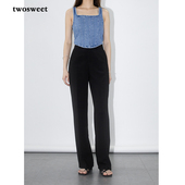 twosweet 女 休闲长裤 必入滤镜裤 极简黑色高腰直筒醋酸垂感西装