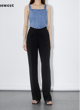 twosweet【必入滤镜裤】极简黑色高腰直筒醋酸垂感西装休闲长裤女