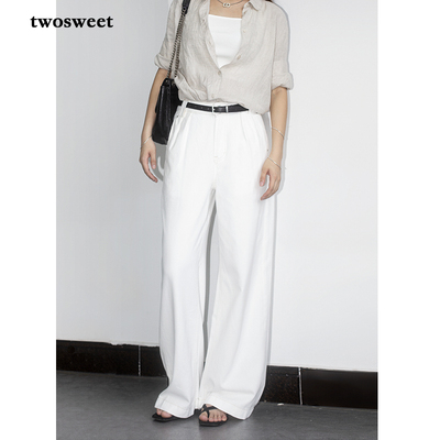 压皱阔腿拖地长裤常规全棉牛仔