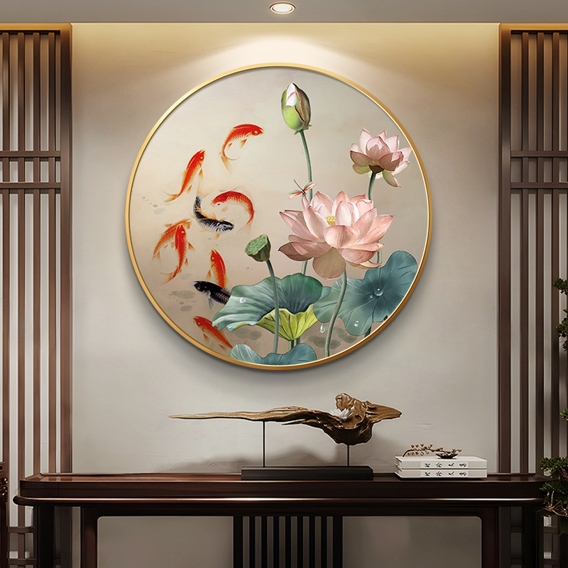 九鱼聚财入户玄关装饰画荷花鲤鱼图新中式圆形正对门走廊过道挂画图片