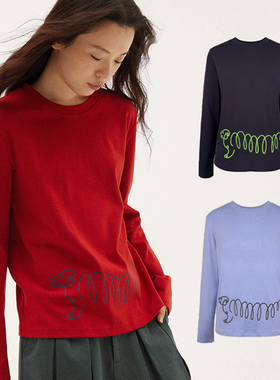 597c原创手绘狗狗印花趣味长袖t恤卫衣2025春新款女装松弛感上衣