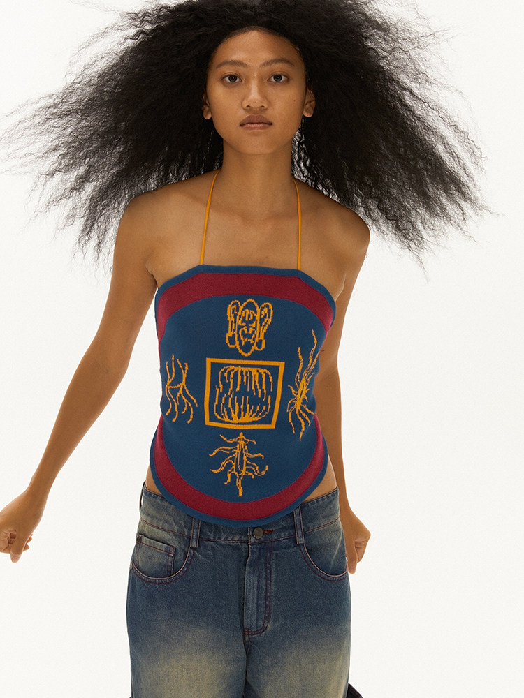 597c原创手绘图案系带挂脖吊带圆形肚兜复古纹样外搭针织夏季美背