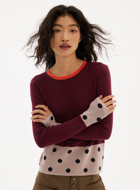 597c原创复古波点针织衫女圆领印花毛衣收腰短款新款毛衫通勤宽松