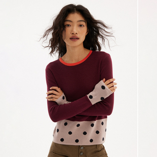 毛衫 新款 通勤宽松 女圆领印花毛衣收腰短款 597c原创复古波点针织衫