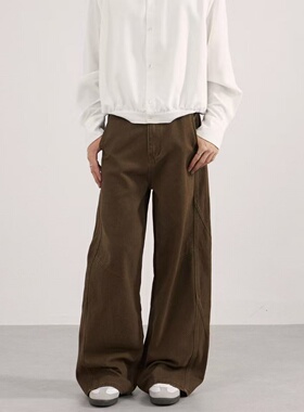 ZZYT美式复古牛仔设计感水洗工装裤男女宽松休闲褶皱直筒垂感裤子