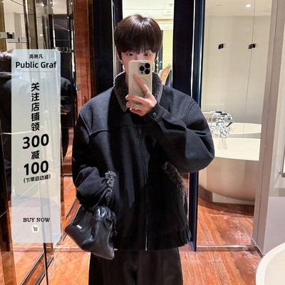 设计感毛领拼接撞色夹克呢料加厚