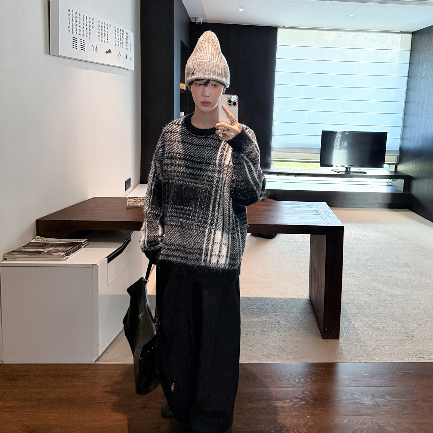 高林凡 羊毛混纺韩系格纹毛衣男秋冬圆领宽松质感针织衫慵懒风