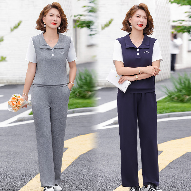 妈妈夏装运动套装小个子中老年女装夏季短袖t恤贵夫人上衣两件套