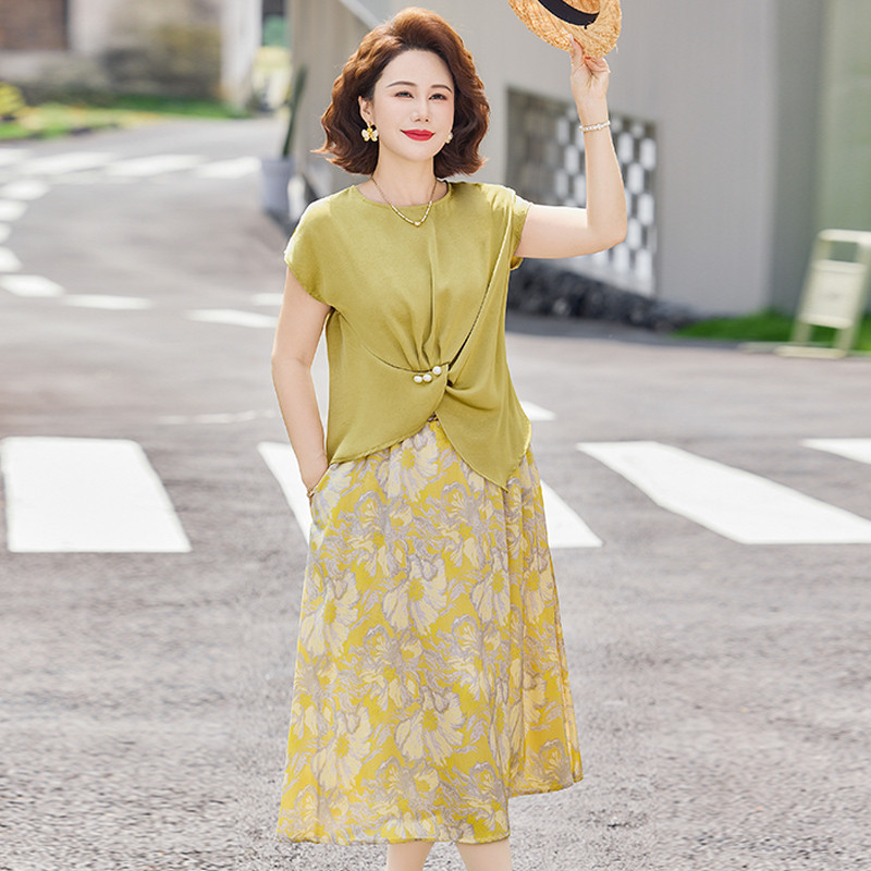 中年妈妈装连衣裙套装女夏装新款百搭显瘦中年人二八月裙子两件套
