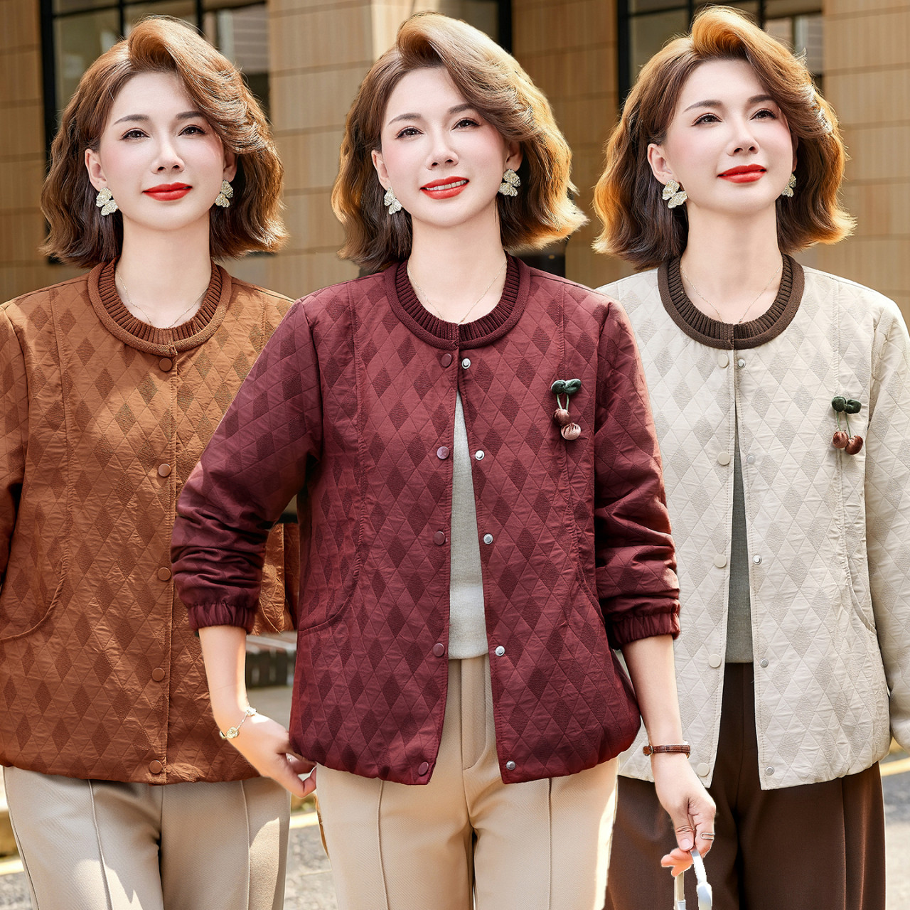 洋气妈妈春装外套圆领女士上衣2026新款时尚中年女装春秋休闲外套