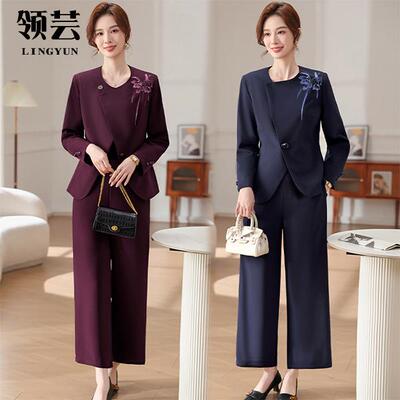 新款国风妈妈春季外套婚礼喜宴套装中老年女春秋装上衣裤子两件套
