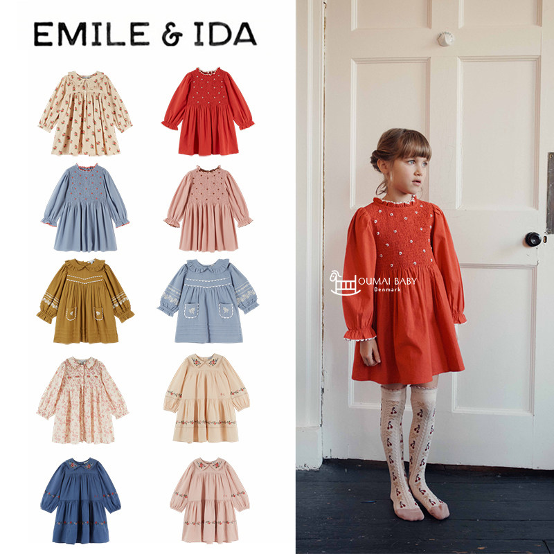 emile et ida26秋冬新款甜美风长袖碎花连衣裙翻领刺绣长裙