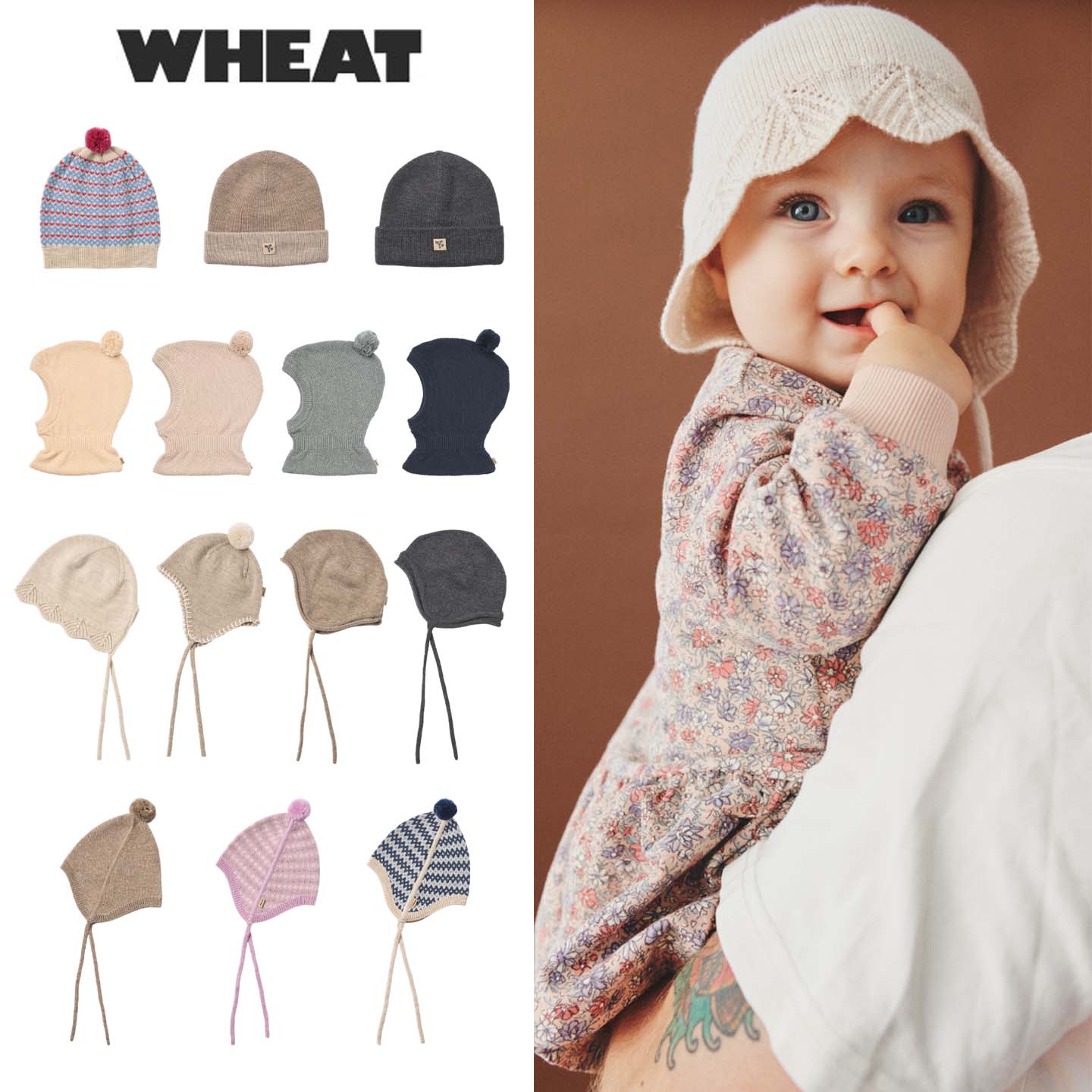 Wheat AW25秋冬新款婴儿小宝宝爱心毛球针织绑带花边帽子