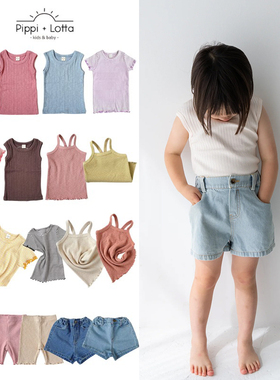Pippi Lotta婴儿宝宝女小童背心坑条薄软短袖T恤骑行裤子牛仔短裤